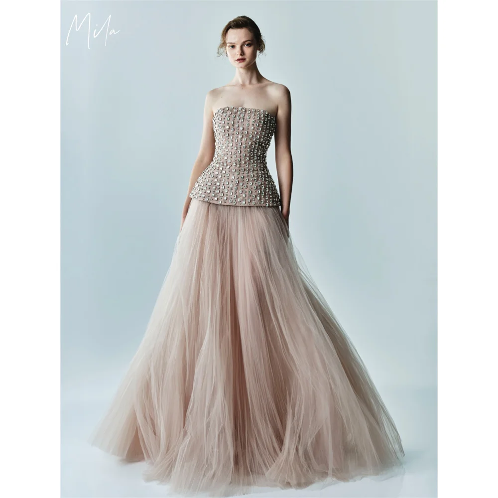 Mila Vestidos de fiesta sin tirantes de una línea 2025 Vestidos de noche de dos piezas de tul sin mangas Vestidos de fiesta personalizados con diamantes hasta el suelo