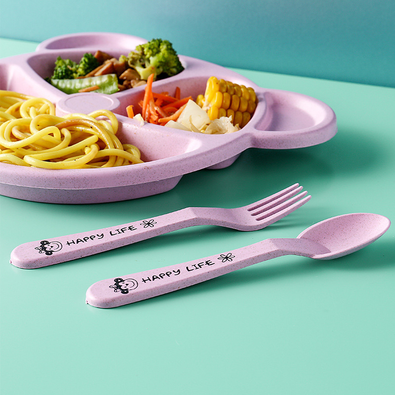 Assiette à dîner à compartiment ours mignon, matériau en paille de blé écologique, sûre et anti-chute, avec cuillère et fourchette