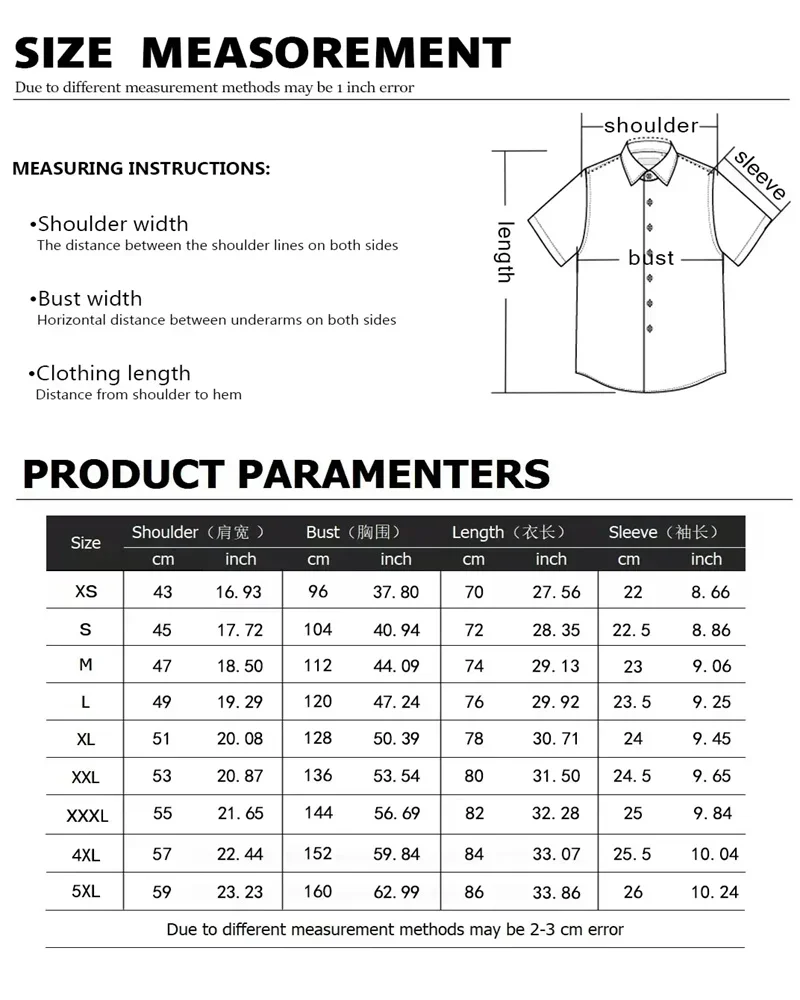 Men's short-sleeved shirts business office wear button-down shirts loose style oversized size XS-5XL soft fabric fast delivery