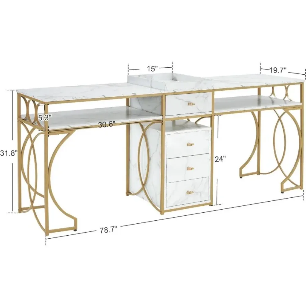 Double Manicure Table for 2 Person, Nail Station Marbling Texture, Long Nail Desk with Storage Drawers, Double Nail Table