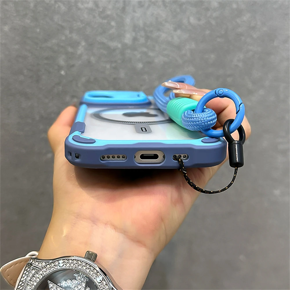 Armadura Color caramelo choque para funda de teléfono Magsafe para iPhone 11 15 14 13 12 16 Pro Max Plus soporte con correa para la muñeca funda trasera del teléfono