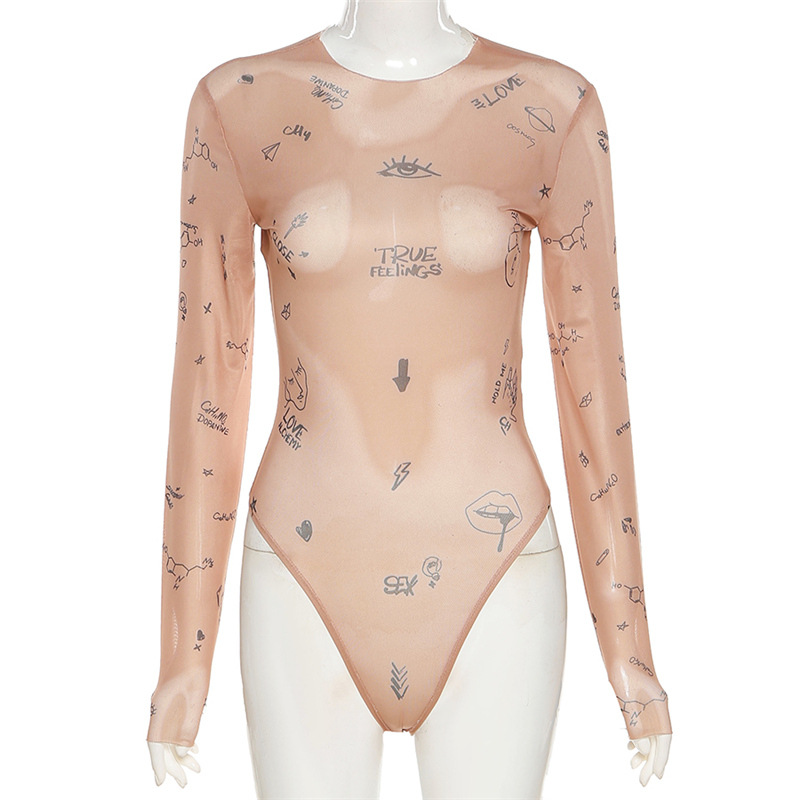 Gợi Cảm Khít 1 Top Nữ Bodysuits Tay Dài Cổ Tròn Cơ Bản Đảng Mặc In Hình Mùa Hè Hoang Dã slim Bodysuits