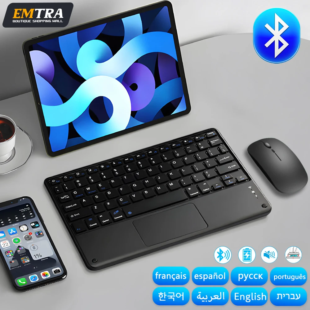 Teclado inalámbrico con panel táctil, dispositivo con Bluetooth para Android, IOS, Samsung, Xiaomi, tableta, iPad Air Pro, Mini, español, ruso, Coreano