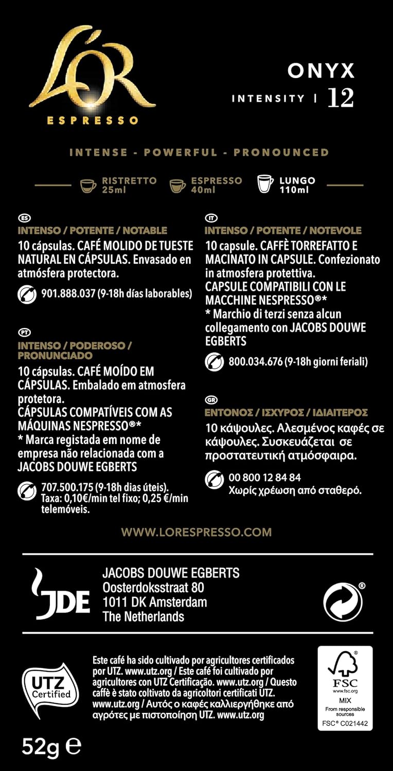 Pack de 5 - L'Or Espresso Café Onyx Intensidad 12  5 cajas x 10 cápsulas (50 cápsulas) compatible con Nespresso