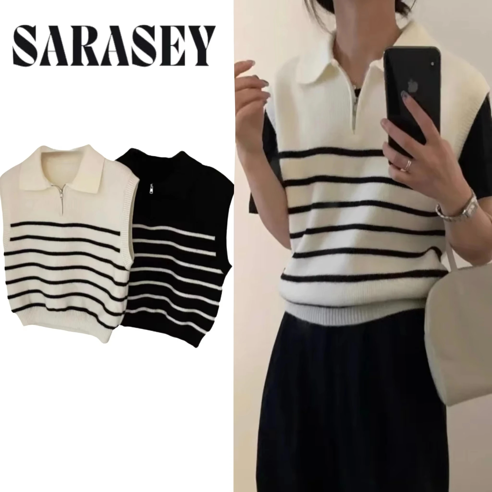 Retro lapela zíper listra colete de malha feminino outono inverno coreano novo outerwear sem mangas camisola casual pulôver colete 