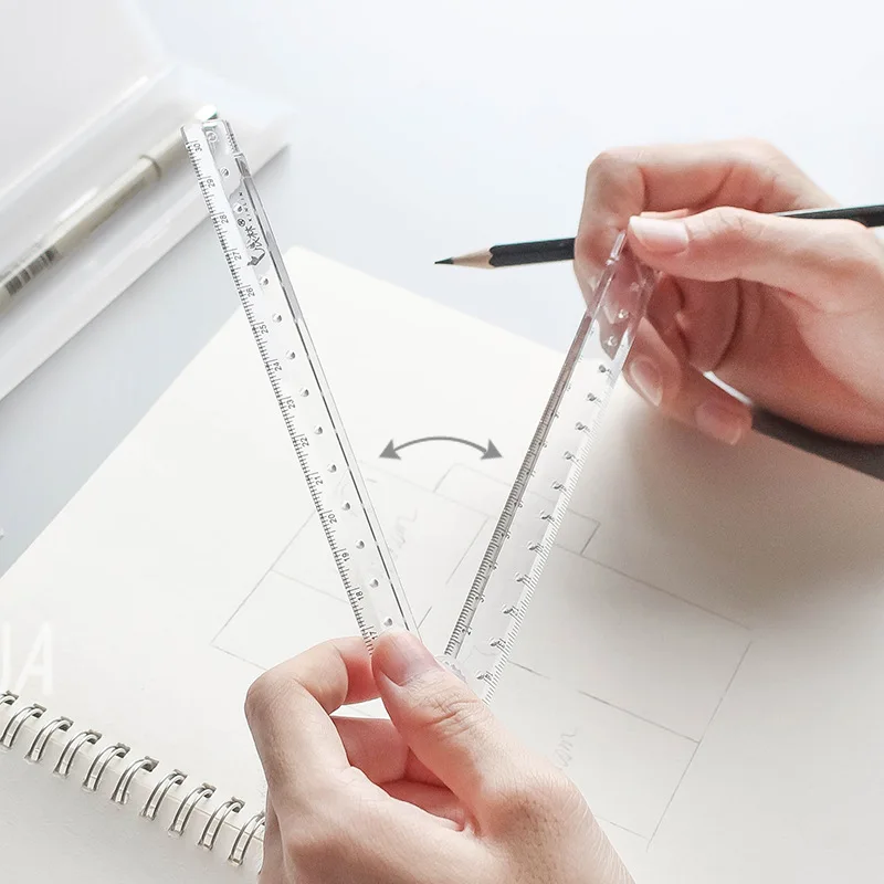 折りたたみ式アクリル定規、学校や事務用品に最適、ドローデザイン、手描きの分度器、1個