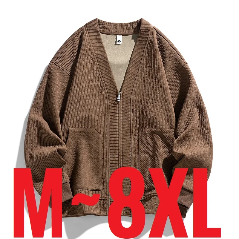 2025, neu in großer Größe, Herren-Cardigan, Jacke, Übergröße, lockerer Pullover, Mantel, männlich, Reißverschluss, koreanischer Stil, Frühlingsgrün, 6XL, 8XL, groß, Plus