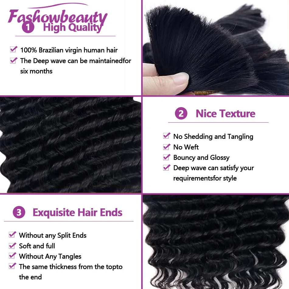 Deep Wave Bulk Hair para trançar, sem trama para trançar, Micro Faux Tranças, Tranças Boho, Molhado, 50g, 24 ", 26", 1Pc