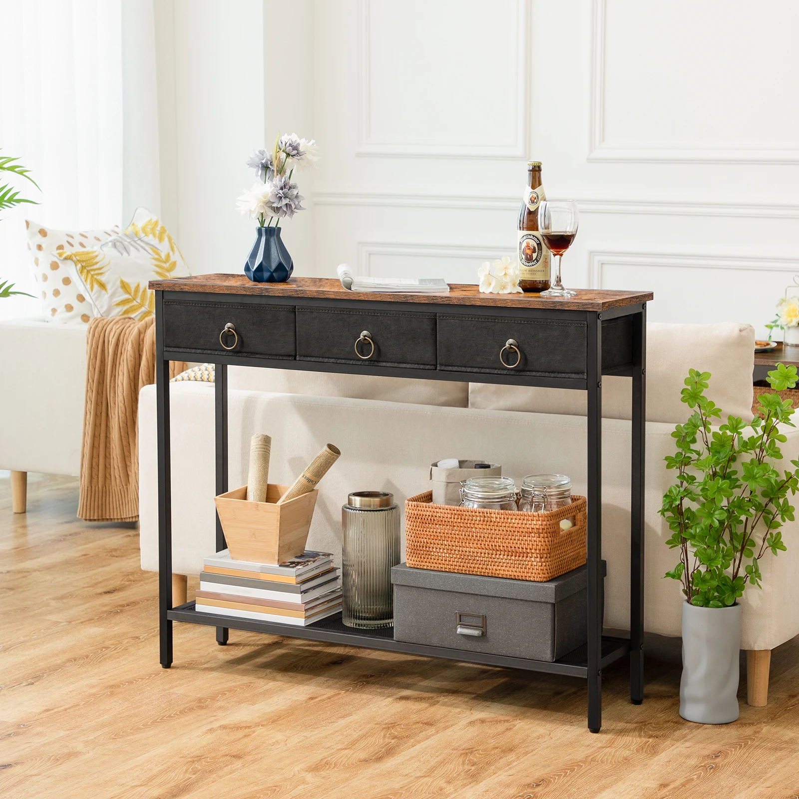Table console de salle de bain OBRO, table d'entrée étroite avec 2 étagères de proximité, table de canapé d'entrée pour salon, étagère de couloir