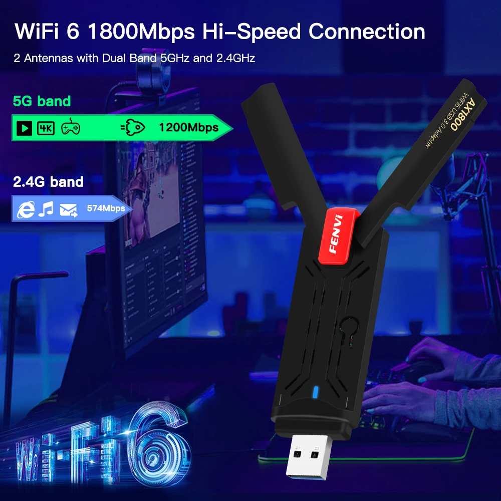 Fenvi USB WiFi 6 AX1800 USB 3.0 Adapter Dual Band 2.4G/5Ghz USB Receiver Dongle Wifi Network Card Wireless For PC Laptop Win11