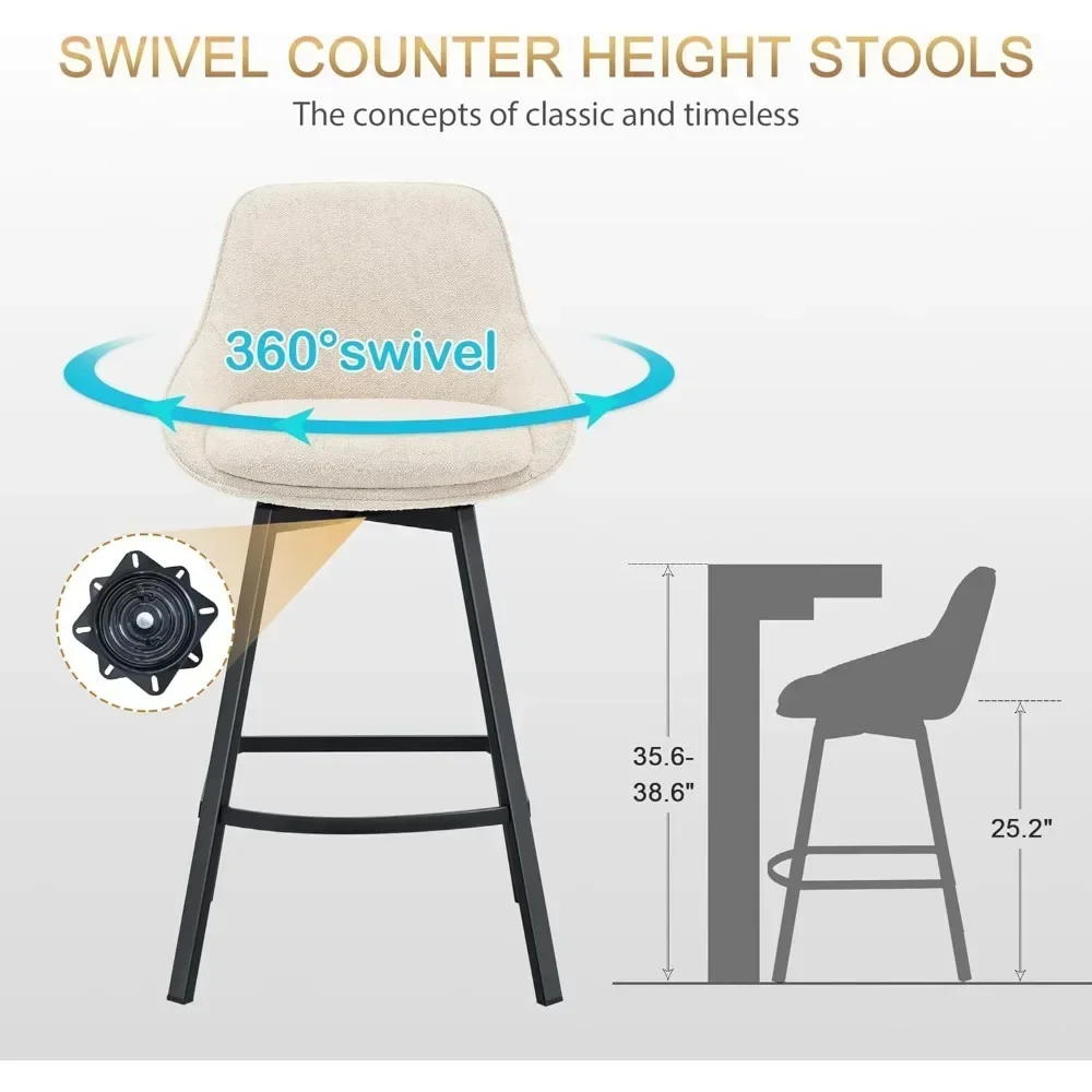 26'' Swivel Bar Stools Set of 2, Modern Counter Height Barstools with Backs, Upholstered Linen Fabric Stools for Kitchen Island