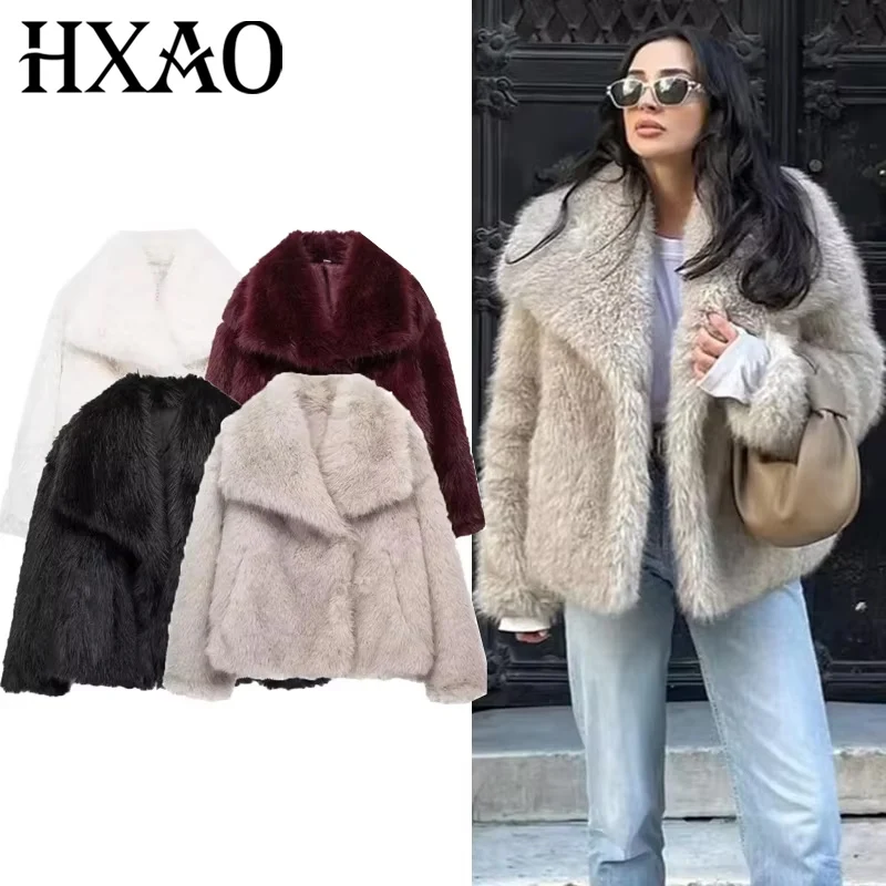 Hxao 2024 mulher outono inverno casaco de pele do falso pelúcia fofo jaqueta feminina novo em outerwears branco vermelho cinza preto lã misturas casacos