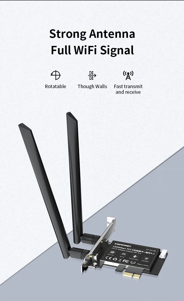 COMFAST AX180 1800 Мбит/с Wi-Fi 6 Беспроводной адаптер PCI-E 2,4G и 5,8 ГГц Bluetooth 5,2 Сетевая карта 2*5 дБи Антенны для настольных ПК Win10/11
