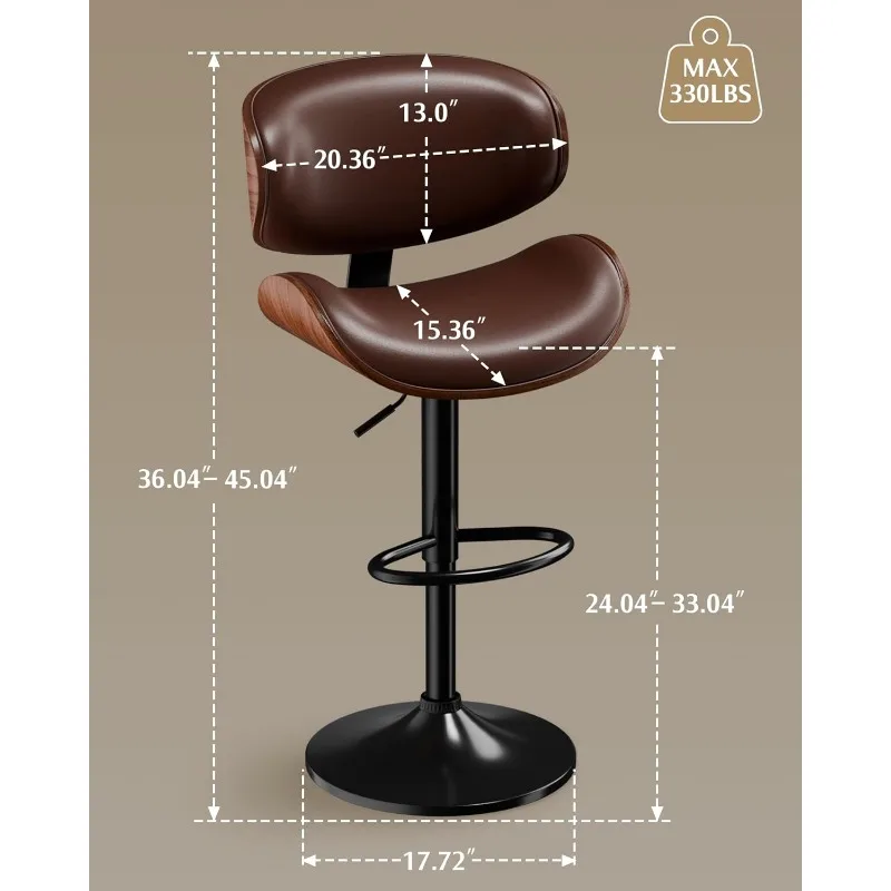 Bar Stools Set of 2, Adjustable Swivel Leather Bar Stools for Kitchen Island, Mid Century Modern Counter Height Bar Chairs