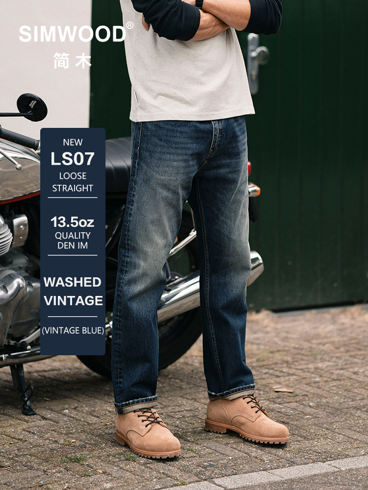 SIMWOOD 2025 primavera nuevo suelto recto 13,5 oz tela lavada Vintage Jeans hombres clásico de talla grande pantalones vaqueros