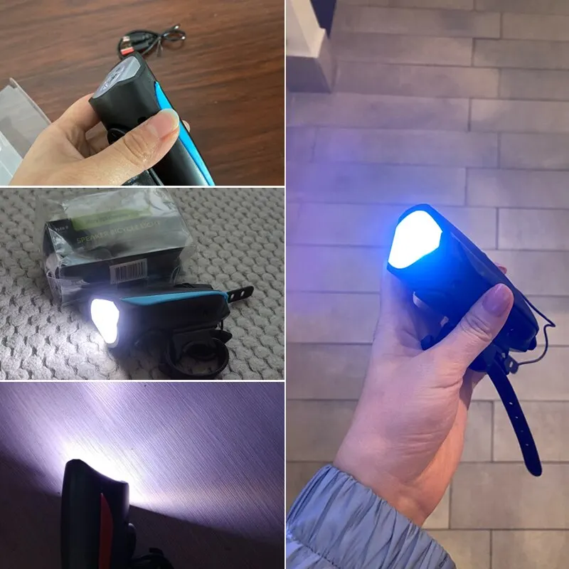 블랙 자전거 라이트 USB LED 방수 경적 포함, 산악 자전거 어두운 밤 야외 라이딩 헤드라이트