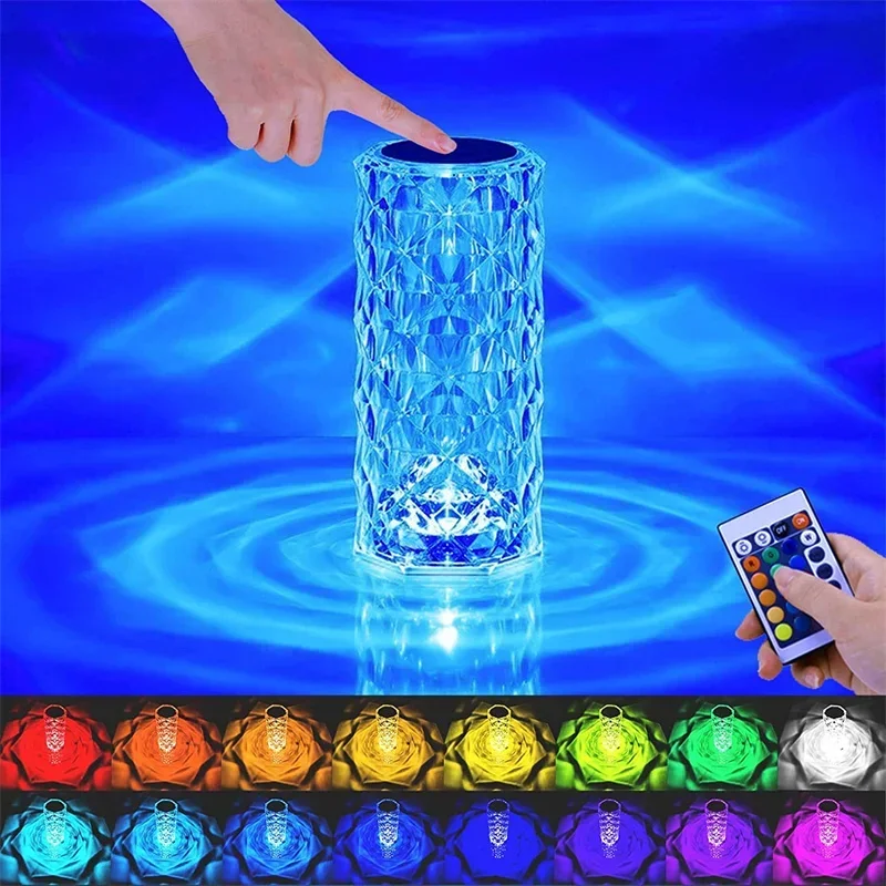 Proyector de luz LED rosa de 16 colores, lámpara de mesa de cristal, decoración de Bar para el hogar, recarga táctil, luz de ambiente de diamante romántica