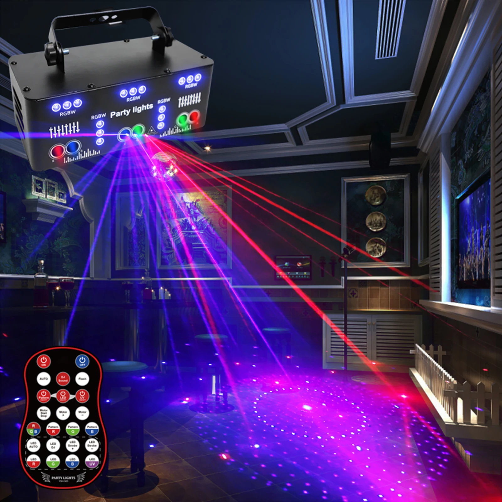 DJ Disco Light Party Light 21 LED RGB Light Sound Control Strobe Samobieżny reflektor z efektem DMX z laserem i diodą LED