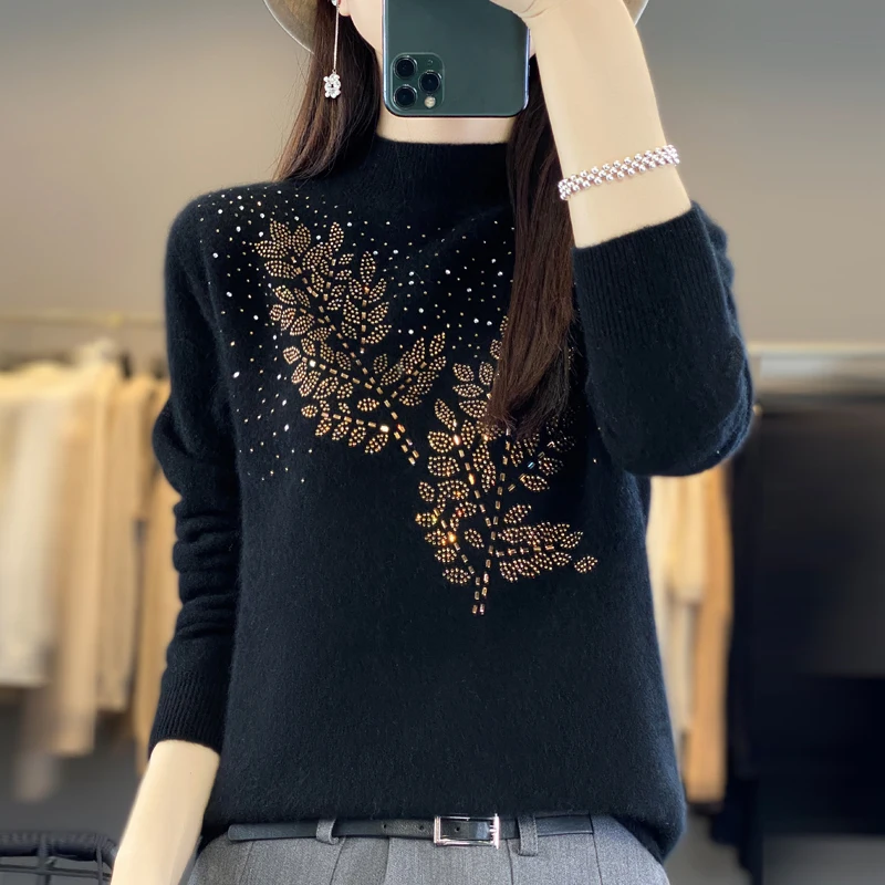 Jersey de lana pura para mujer, suéter ajustado de punto con diamantes, grueso y cálido, Otoño/Invierno 2024, nuevo cuello medio alto de Cachemira