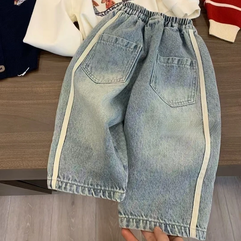2025 New Spring Boys Children's Denim Overalls Autumn Loose Casual Pants Girls Wide Leg Jeans  Kids Straight Denim Trousers