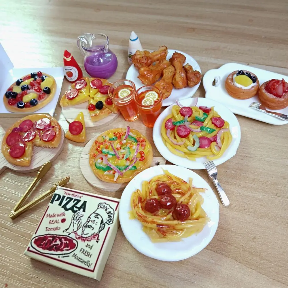 Casa de muñecas en miniatura a escala 1/6, Pizza, pollo, patatas fritas, jugo, Mini comida rápida para casa de muñecas Blyth BJD, accesorios de juego de cocina