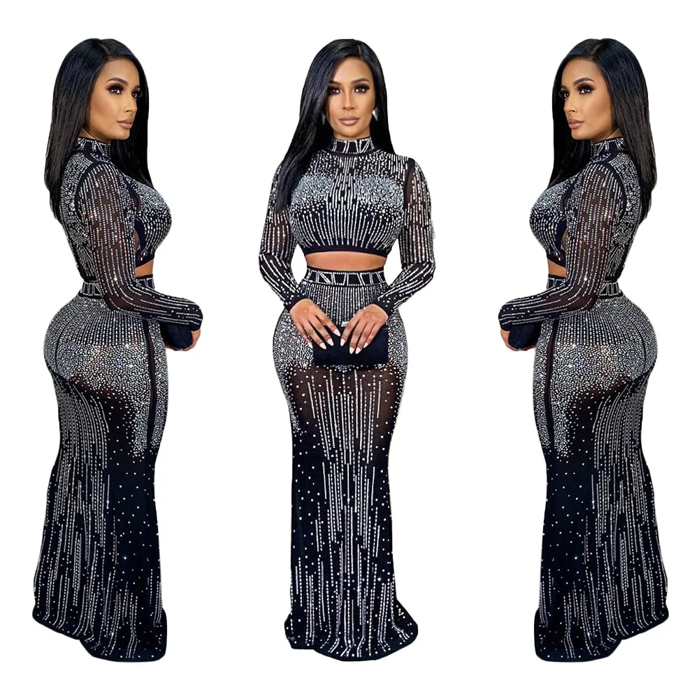 Vestido transparente de perlas con cadena de diamantes de imitación plateados brillantes, vestido de noche para fiesta de cumpleaños, traje de falda brillante para baile de graduación