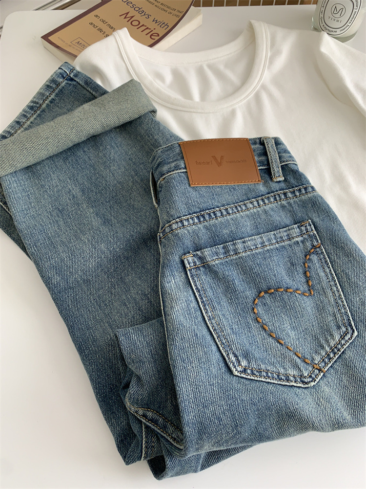 สูงเอวตรงกางเกงยีนส์ผู้หญิงฤดูใบไม้ผลิ Relaxed Slim ปักกางเกงขาม้า