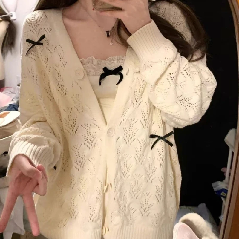 Deeptown-cárdigan coqueta para mujer, suéter con lazo Kawaii, Tops de punto calados, moda coreana, dulce, Preppy, bonito, estético, liso