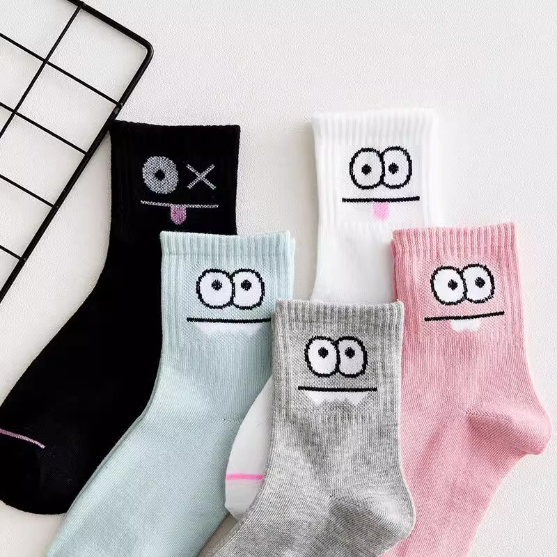 5 paia di calzini alla caviglia stampati con espressione carina da donna Comfort Interessante calzino a tubo medio primavera autunno Calzini corti da ragazza Kawaii