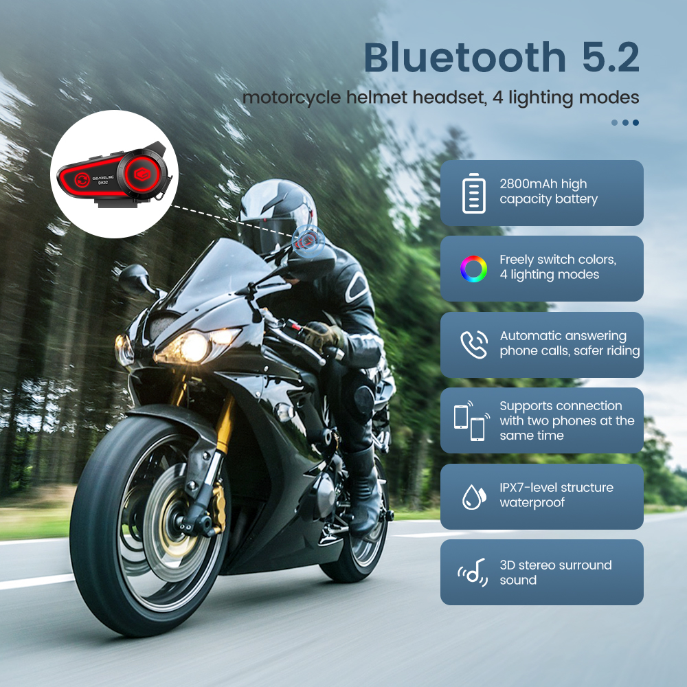 GEARELEC DK02 Motorradhelm-Headset, Stereo, Bluetooth, Freisprechanruf, IPX7, wasserdicht, 2800 mAh, mit dreifarbigem Umgebungslicht