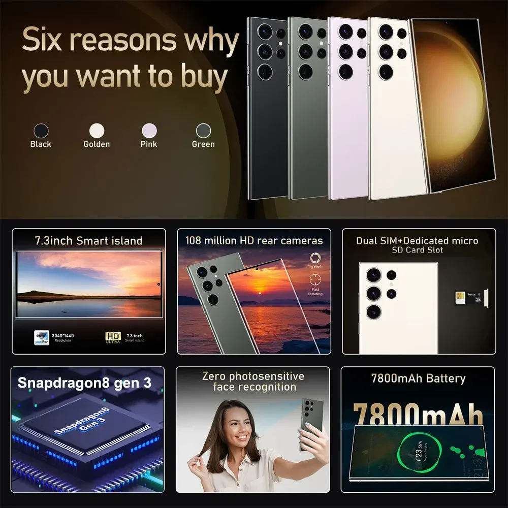 S24 Ultra Android Smartphone 7.3'' 5G Cell Phone Snapdragon 8 Gen 3 16GB+1TB Cellphones Unlocked Mobile Phones Global Version