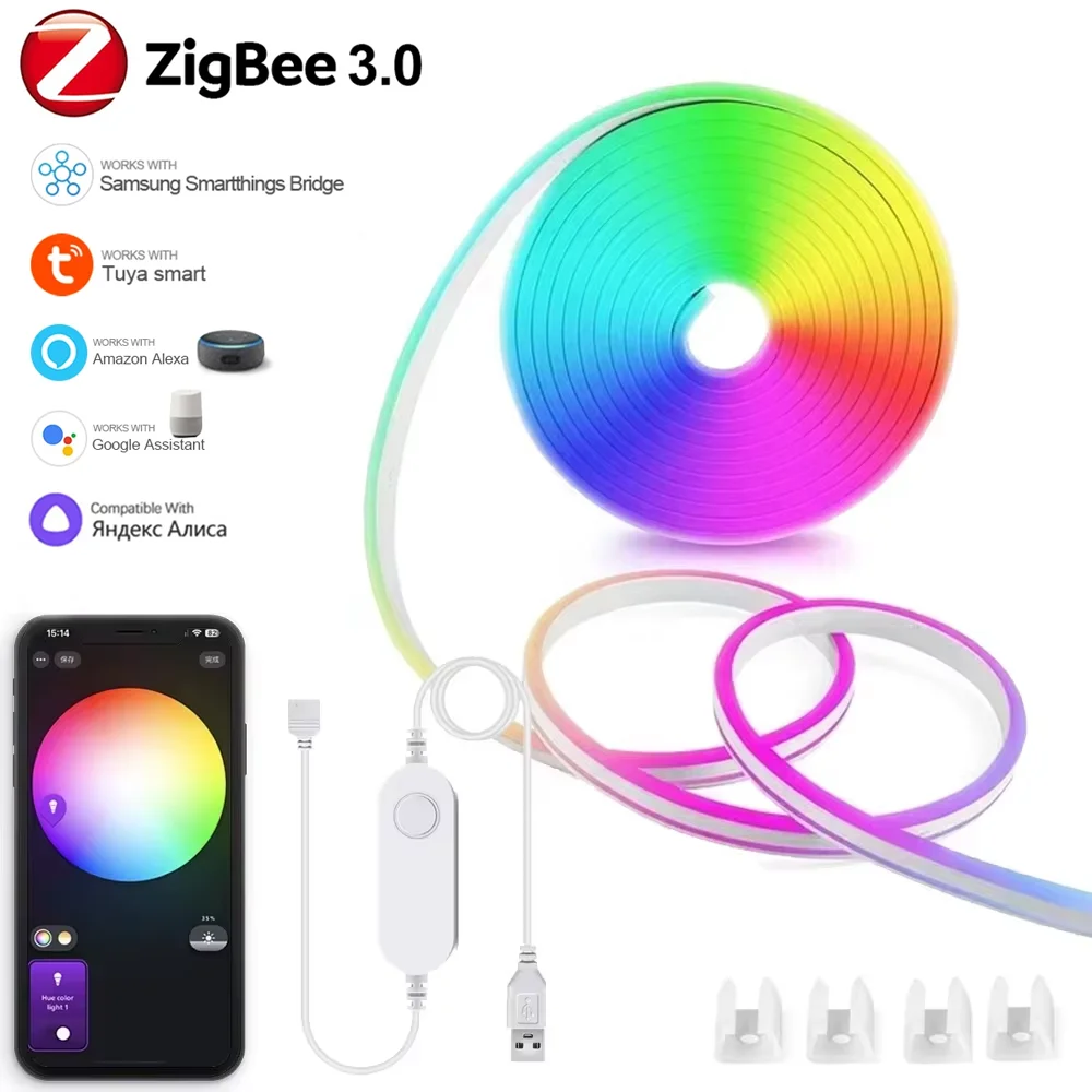 Tira de luces LED de neón RGB, USB Zigbee 3,0 Tuya, resistente al agua, cinta Flexible regulable, armario de cocina, TV, habitación, luz nocturna fr Alexa, 1-5M
