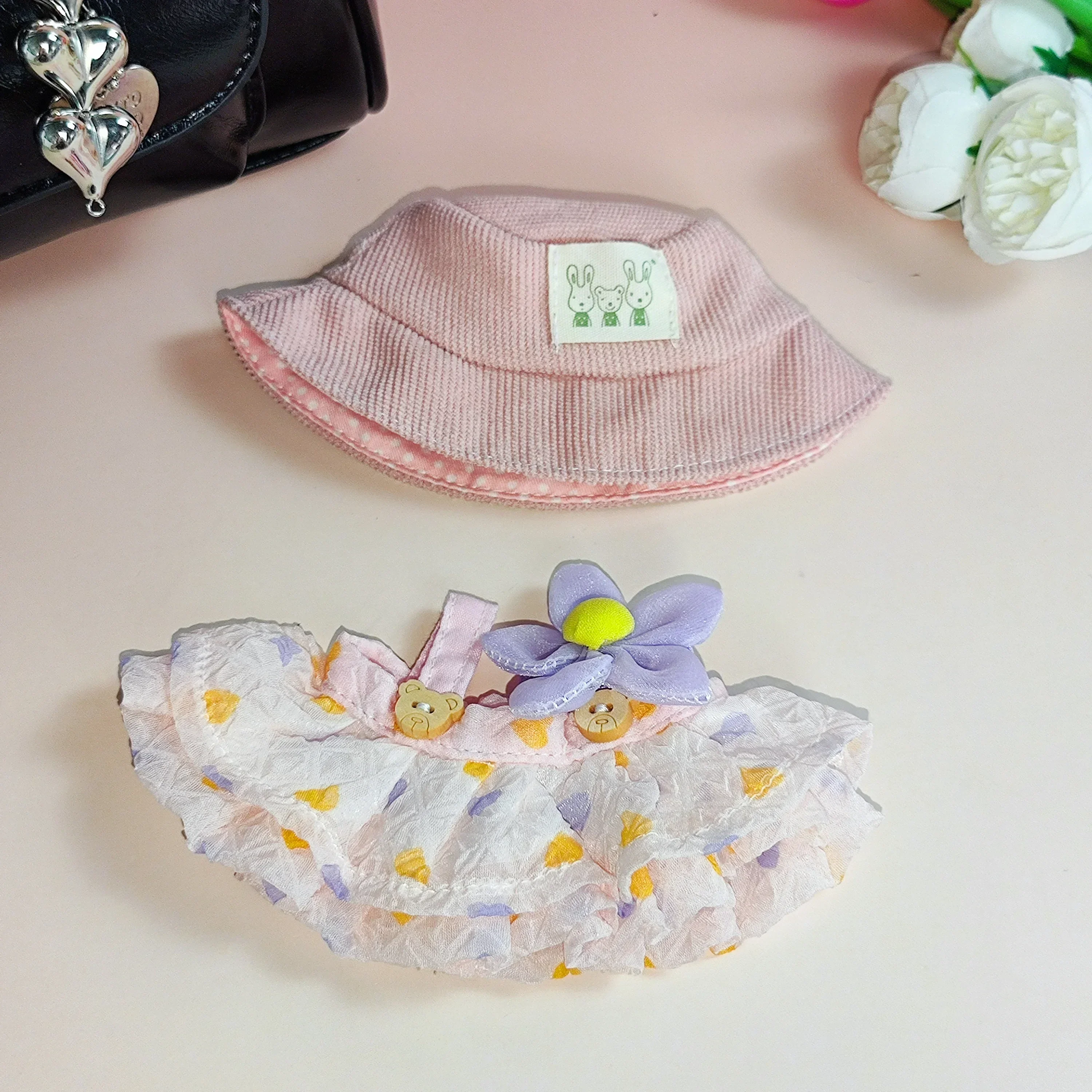 Voor 17 cm Labubu Pop Outfit Gerimpelde Rok Bloem Haarspeld Set Visser Hoed Labubu Kleding Ropa Labubu