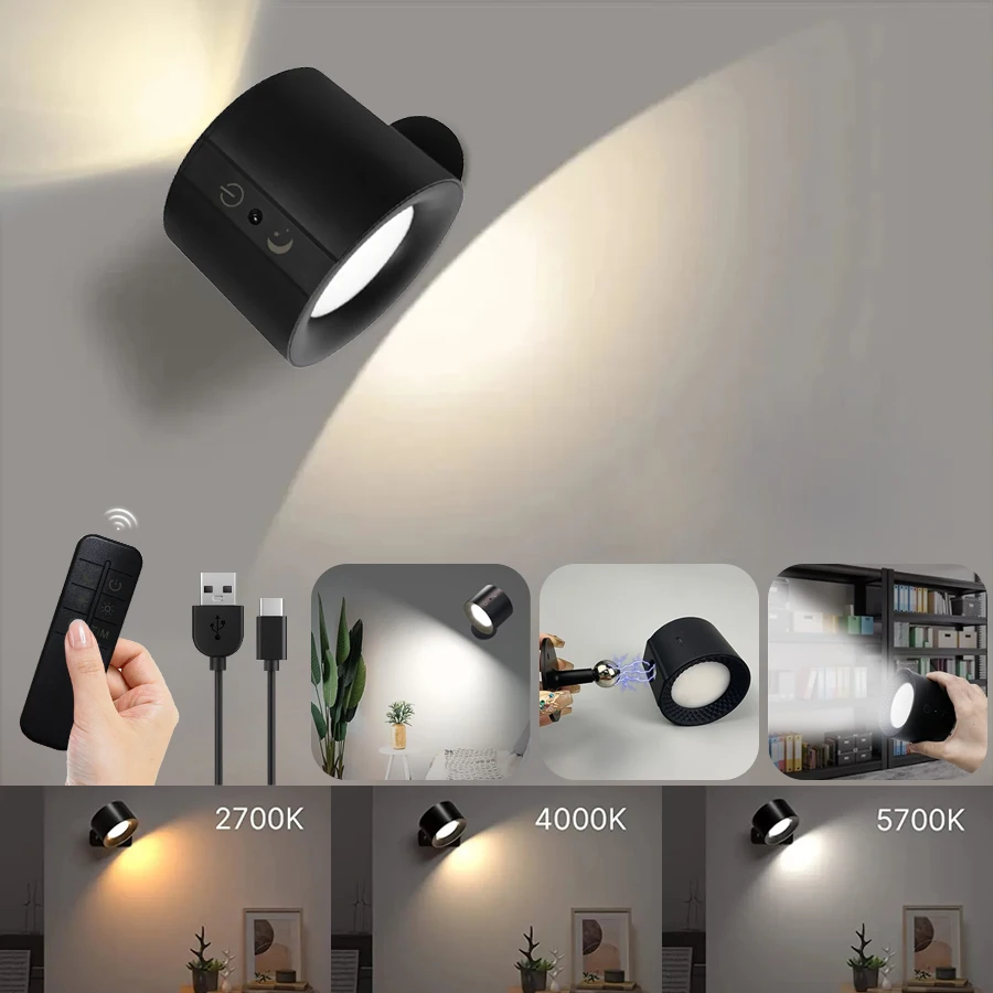 LED-Wandleuchte mit doppeltem Kopf, Touch-Steuerung, Fernbedienung, 360 drehbar, 3 Farbmodi, Wandleuchte, USB-Aufladung, kabelloses Nachtlicht