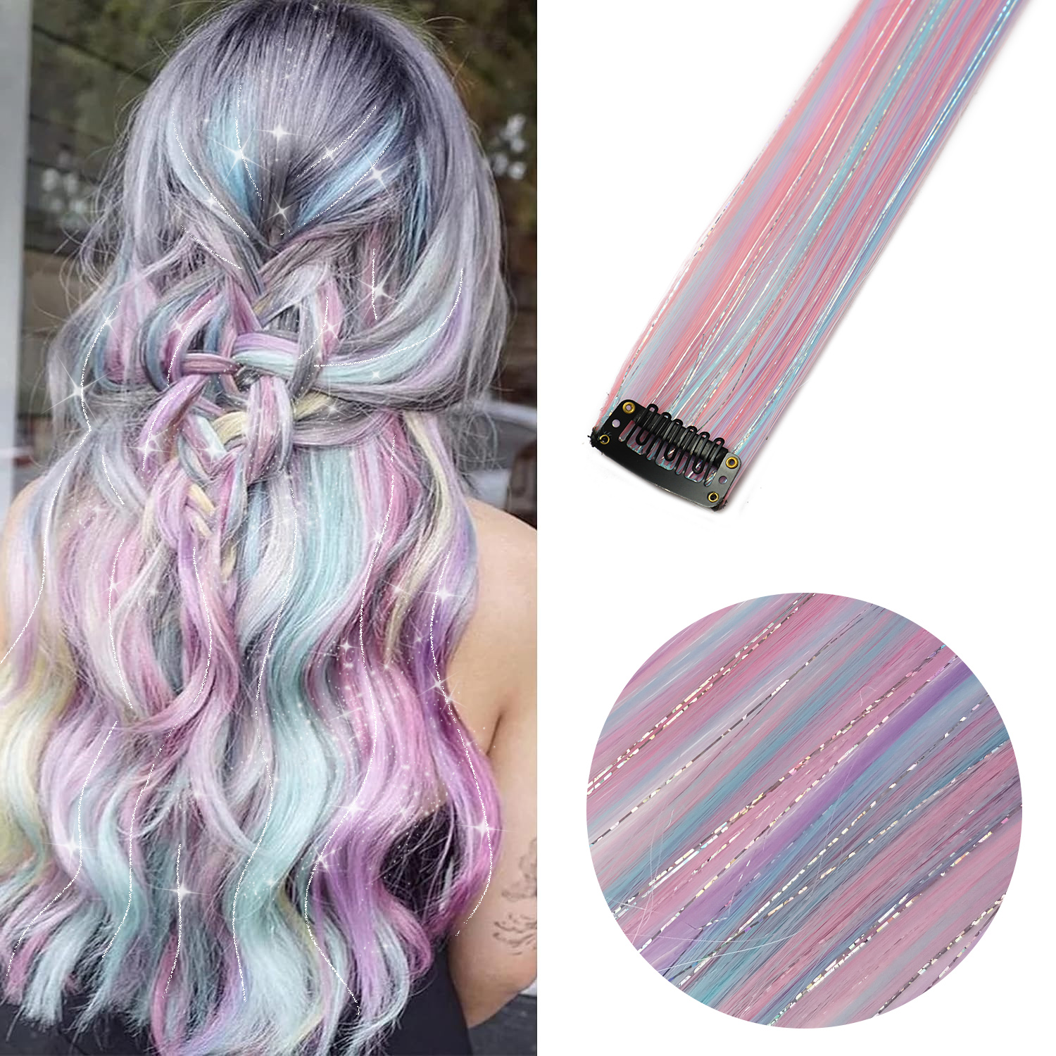 Extensiones de cabello de colores con Clip de unicornio, latas plateadas mezcladas, pelo sintético de arcoíris, reflejos para fiestas navideñas para mujeres y niñas