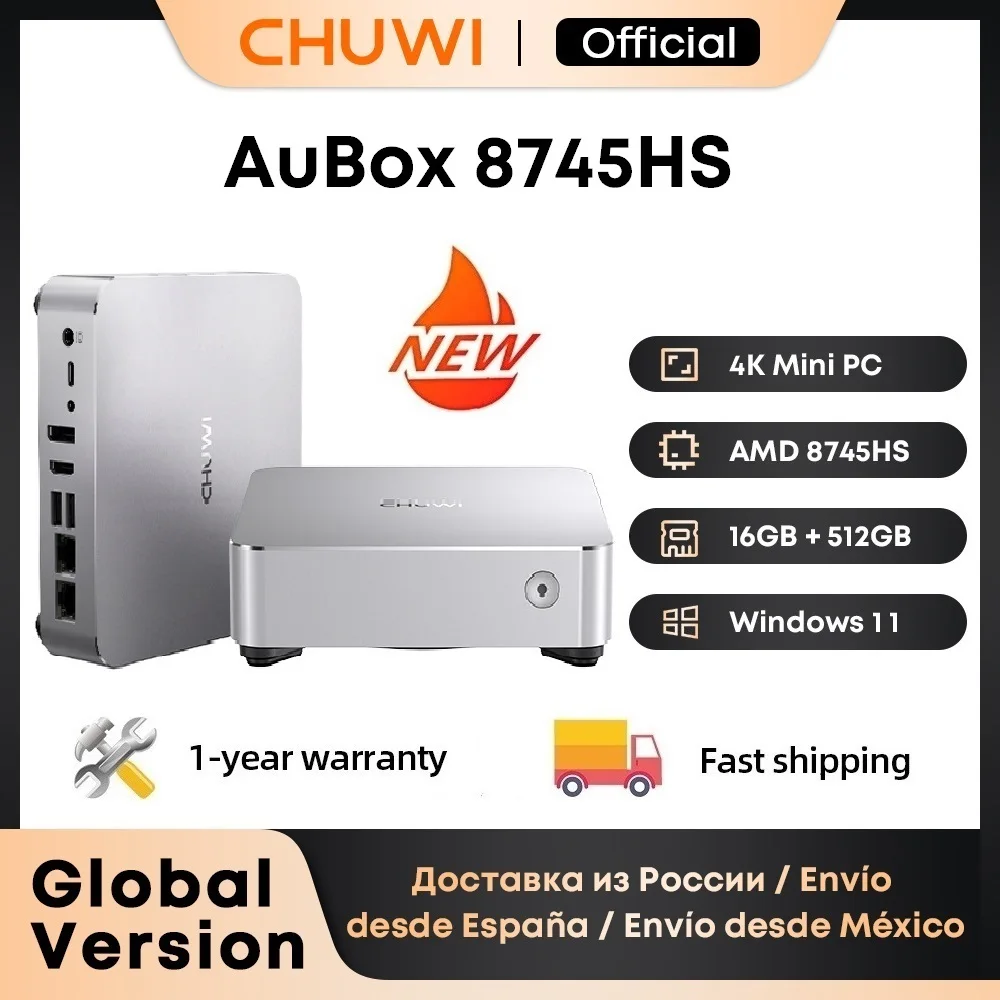 CHUWI AuBox Mini-PC AMD Ryzen 7 8745HS 16 GB DDR5 512 GB SSD Windows 11 Pro 4K-Display AI-Link WiFi 6 BT 5.1 Extend M.2 1T*2