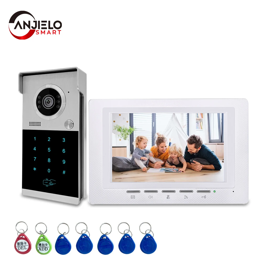 Anjielo 4-Draht 7-Zoll verkabelte Swipe-Karte Passwort entsperren Video-Türklingel-Gegensprechanlage, Infrarot-Nachtsicht-Türklingel für Zuhause