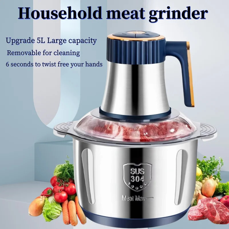 Electric Meat Grinders 5L Food Crusher Stainless Steel Multifunctional Vegetable Slicer Processor Chopper Kitchen Blenders