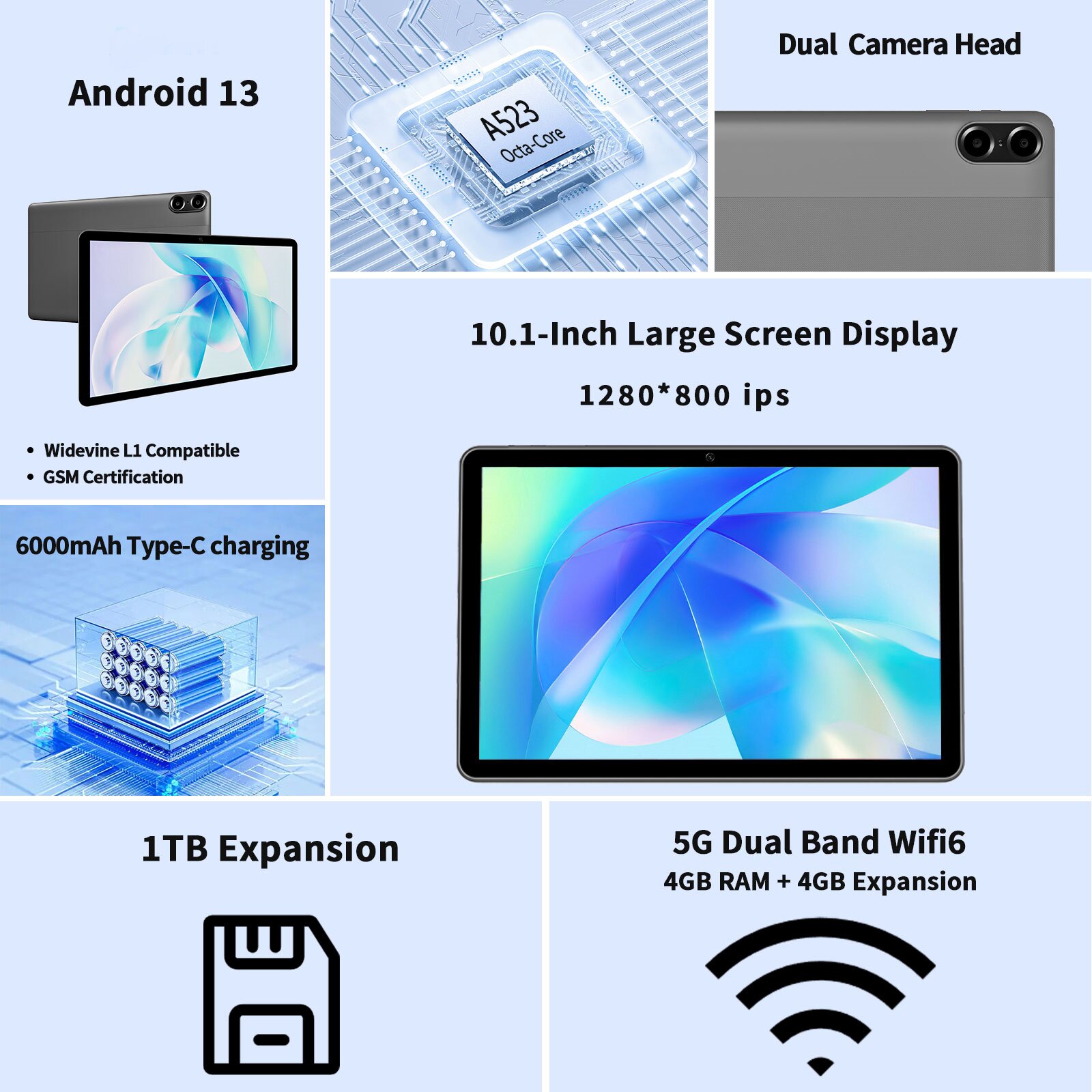 Pritom-Android 13タブレット,8, 4GB, 64GB, 1テラバイト拡張,wifi 6,デュアルボックススピーカー,カメラ,bt5.0,メカニカルスタイルc,10インチ