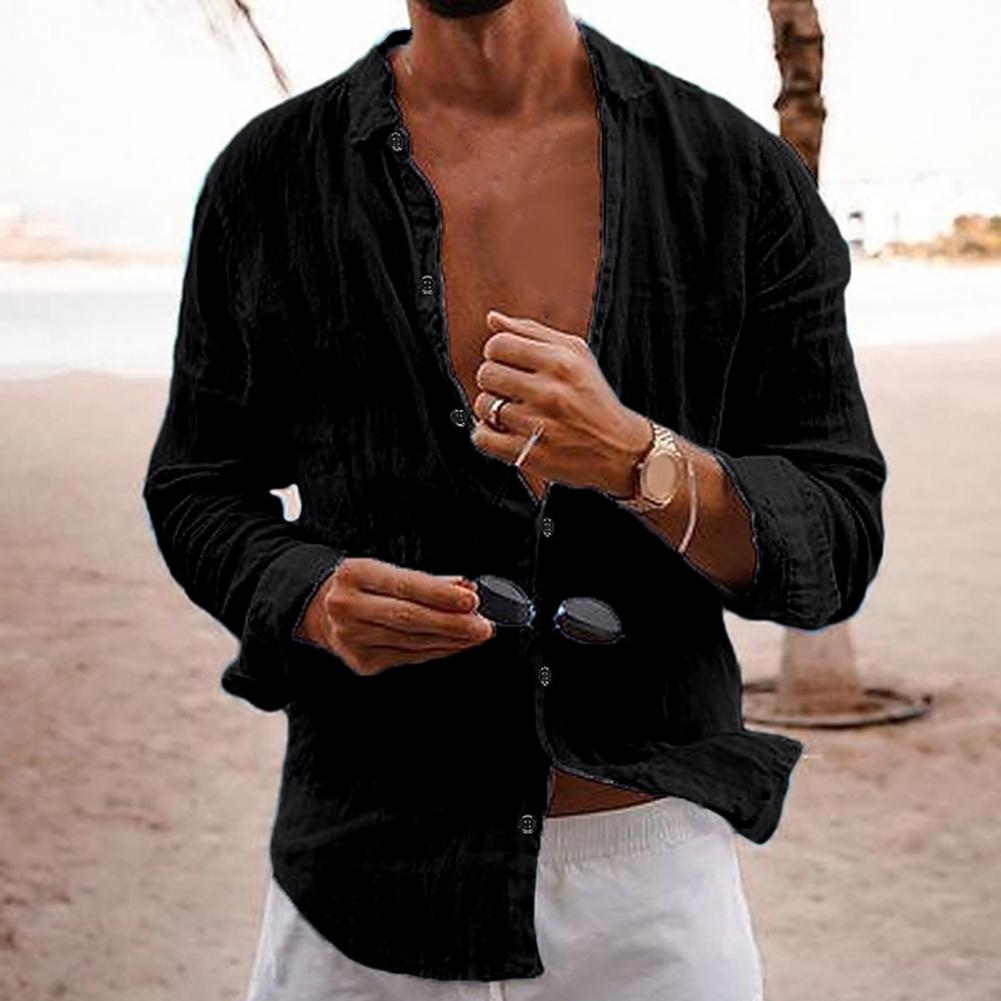 Camisa de manga larga con solapa de lino y algodón para hombre, Tops plisados finos de Color sólido, de una sola botonadura cuello en V, camisa informal, Tops transpirables