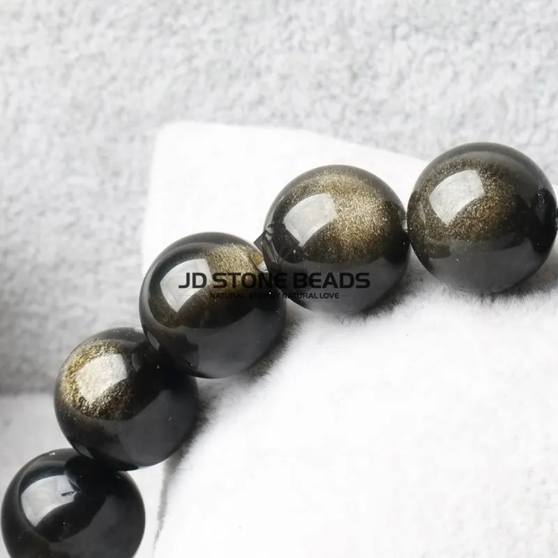 หินธรรมชาติสีทองสีดํา Obsidian ลูกปัด Shinny รอบหลวมอัญมณีลูกปัดสําหรับเครื่องประดับ DIY สร้อยข้อมือสร้อยคออุปกรณ์เสริม 15"