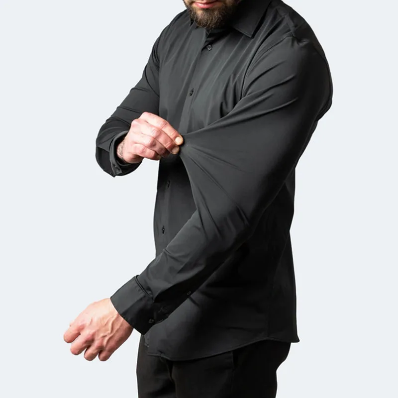 6xl nueva primavera y verano fuerza elástica sin hierro camisa casual de negocios de manga larga para hombres camisa vertical mercerizada de color sólido