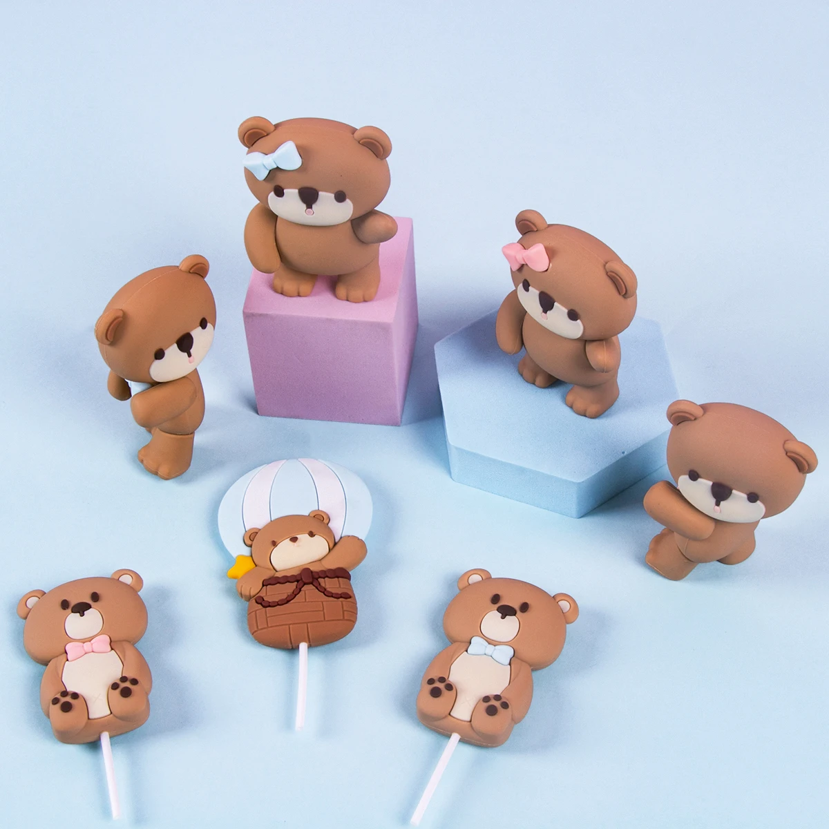 핑크 블루 베어 케이크 토퍼 곰 인형 장식품 삽입 생일 케이크 장식 아기 소년 소녀 1 생일 파티 성별 공개