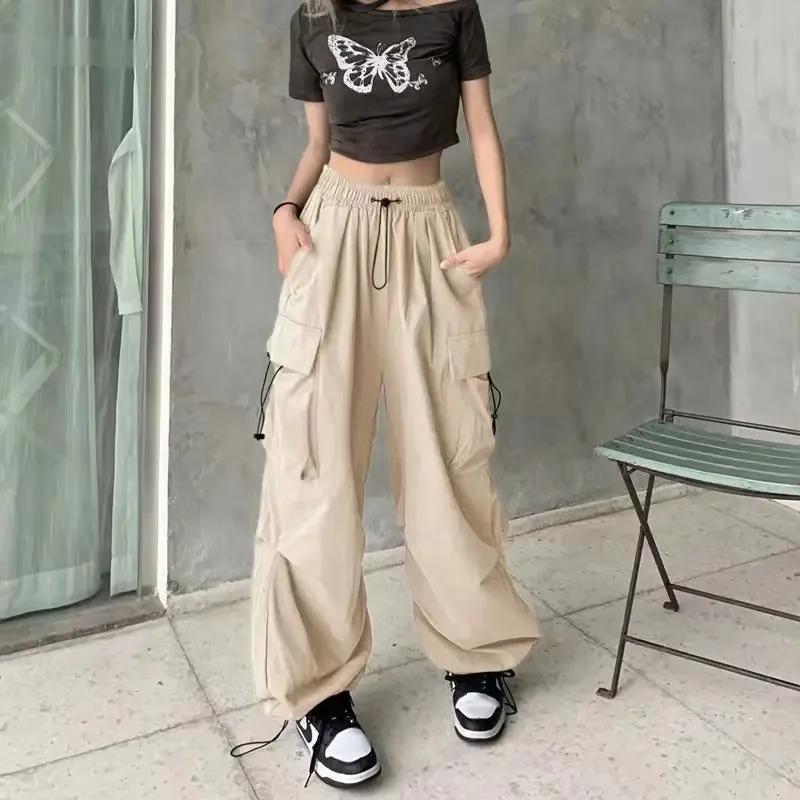 Amerikaanse retro tooling broek vrouwelijke gedrapeerde rechte balkvoetbroek zomer joker losse broek met wijde pijpen