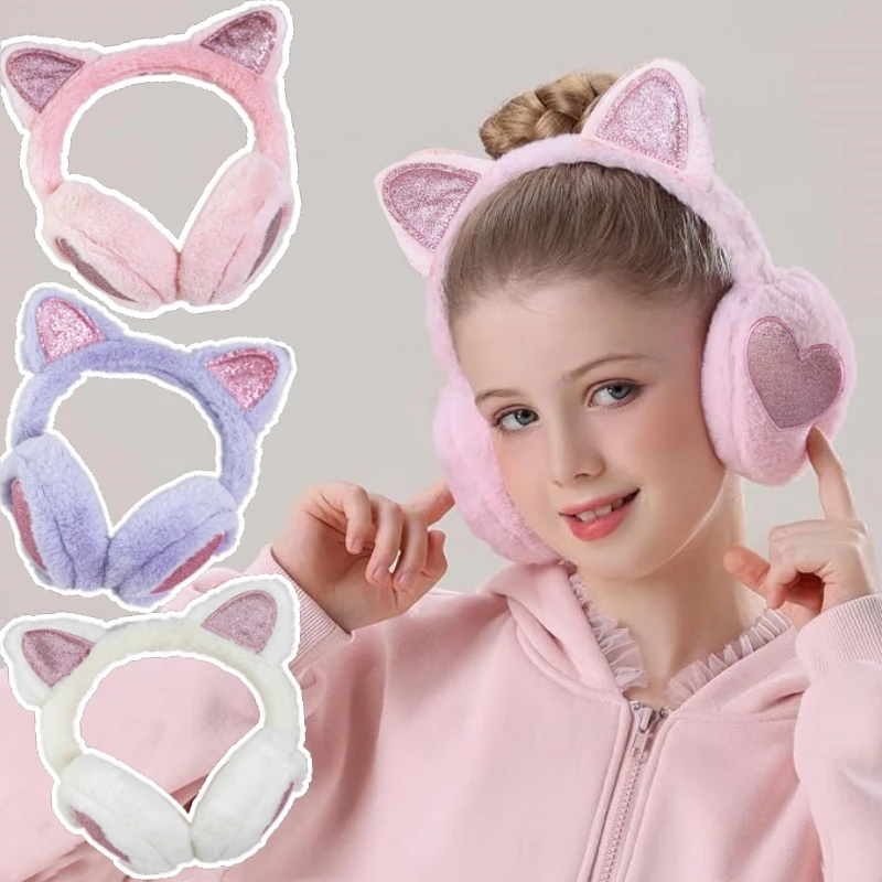 Orejeras cálidas de felpa para invierno, calentadores de orejas de gato con purpurina, cubierta para colgar en la oreja de piel con forma de corazón para mujer y niña, orejeras de protección contra el frío