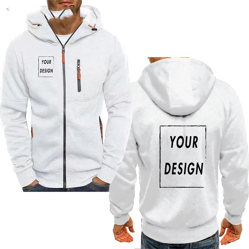 Jaqueta masculina com capuz e zíper com bolsos, texto de imagem com logotipo personalizado, streetwear esportivo casual, suéter de lã cardigã masculino, moda