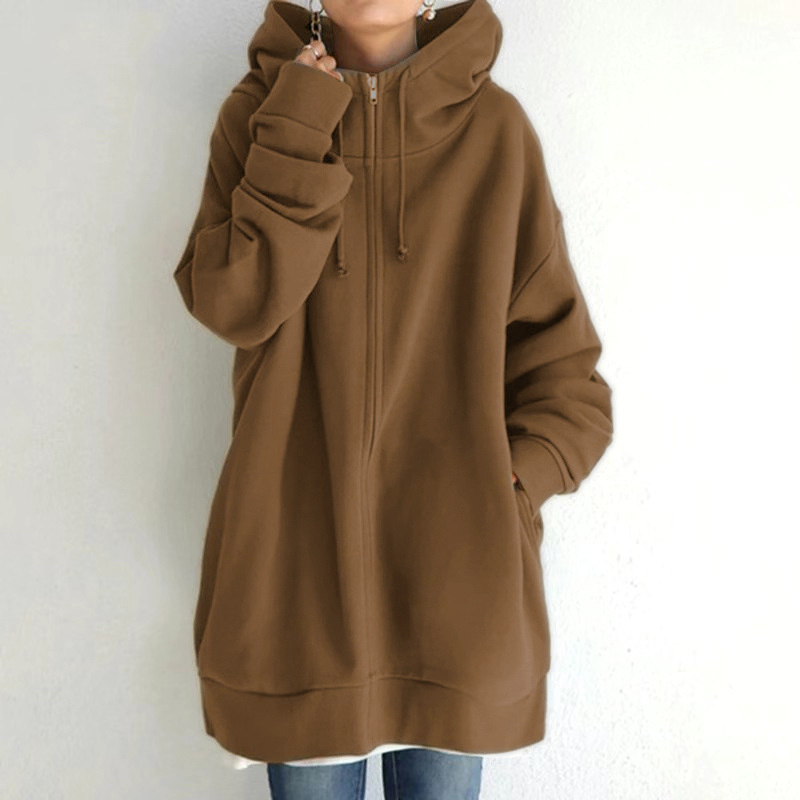 Femmes épaissi chaud couleur unie sweat à capuche Double poches fermeture éclair Cardigan à capuche femme longue vêtements d'extérieur tendance Streetwear