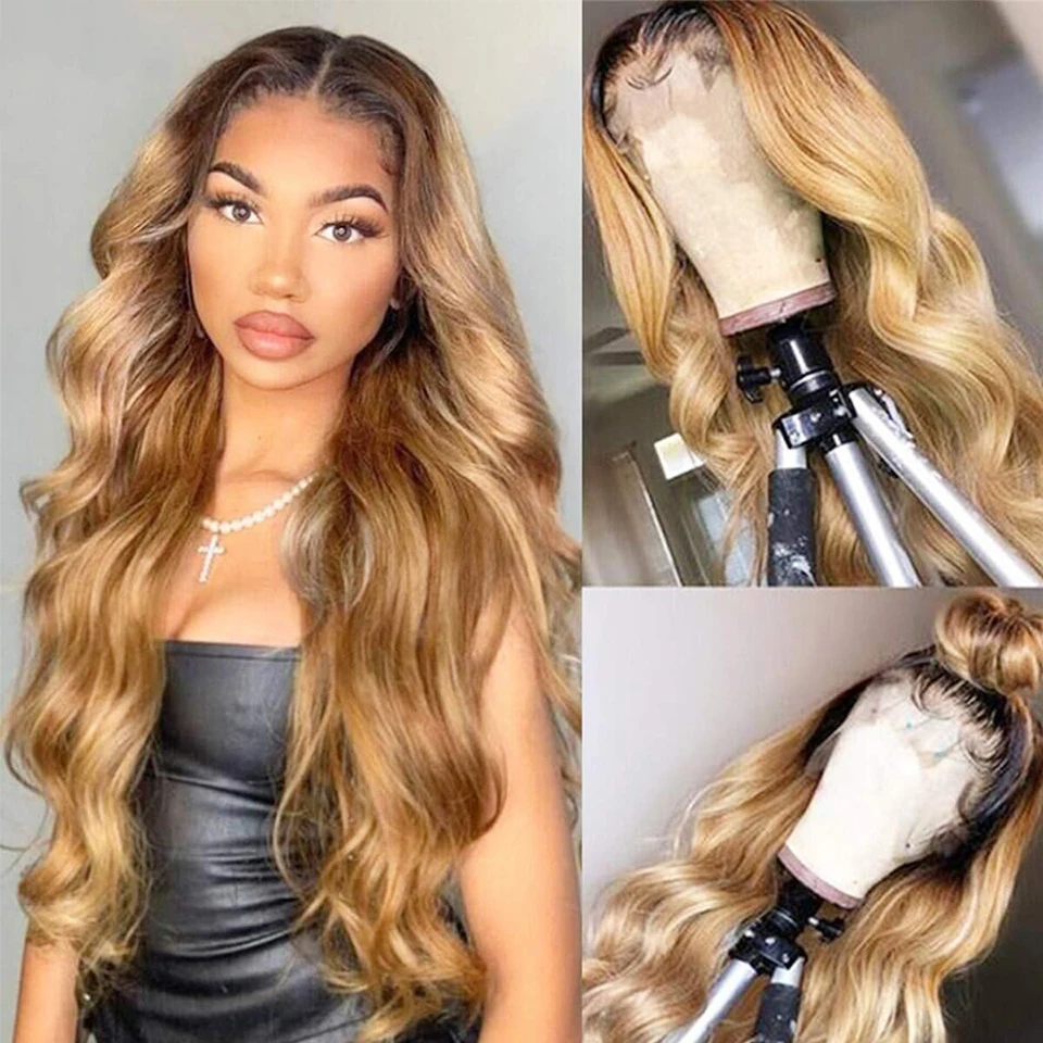Ombre mel loira perucas dianteiras do laço 13x4 peruca frontal do laço loira 4x4 onda do corpo fechamento peruca ombre perucas de cabelo humano para mulher 180%