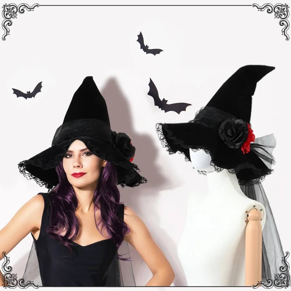 Barocker Hexenhut mit Gothic-Schleier und künstlichen Blumen, Halloween-Königin-Kostümzubehör, neue Hexerei-Party, Maskerade-Requisite