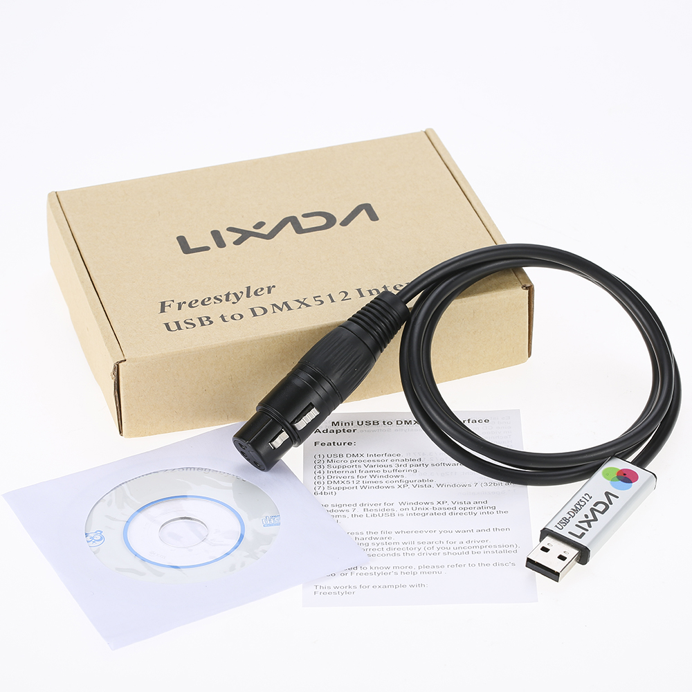 Lixada adaptateur d'interface USB vers DMX LED DMX512 ordinateur PC contrôleur d'éclairage de scène variateur
